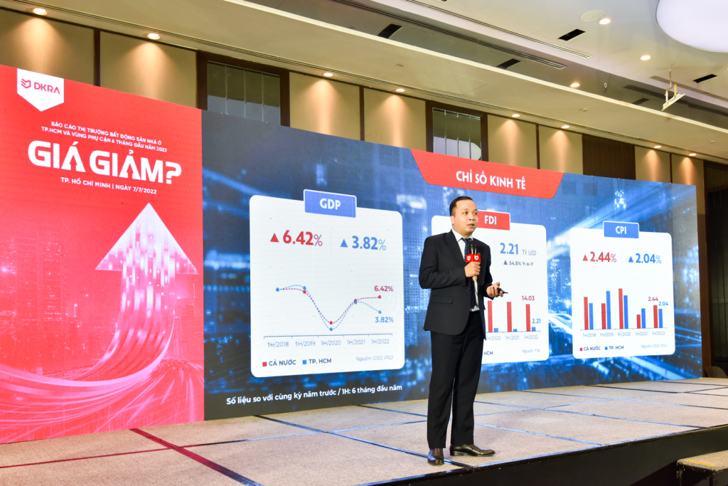Ông Võ Hồng Thắng, Phó Giám đốc R&D DKRA Vietnam trình bày diễn biến thị trường bất động sản nhà ở TP HCM và vùng phụ cận 6 tháng đầu năm 2022