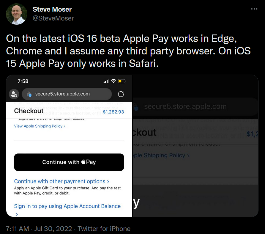 Tweet mới nhất của Steve Moser về Apple Pay
